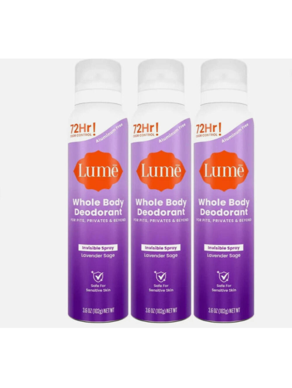 3x - Lume  Whole Body Invisible Spray Deodorant - Lavender Sage - 3.6oz - New